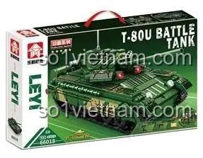 Hộp đựng bộ đồ chơi xe tăng chiến đấu T-80U LEVI 66018, có hình ảnh mô hình và thông tin sản phẩm
