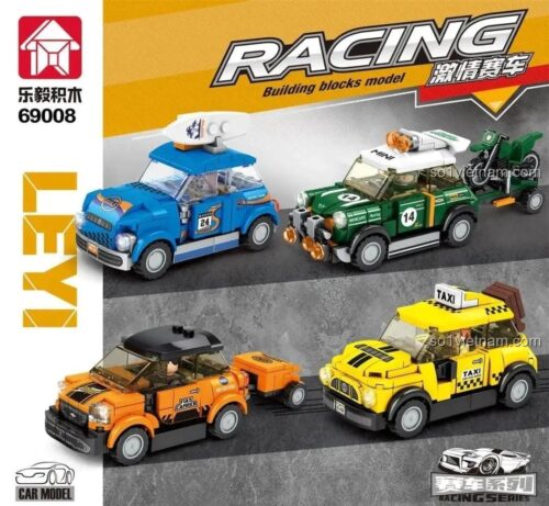 Hộp đồ chơi mô hình LEYI 69008 Bộ Xe Đua Thể Thao Mini, đồ chơi lắp ráp cho bé trai 6 tuổi, giá rẻ, hiển thị 4 mẫu xe đua và logo LEYI.
