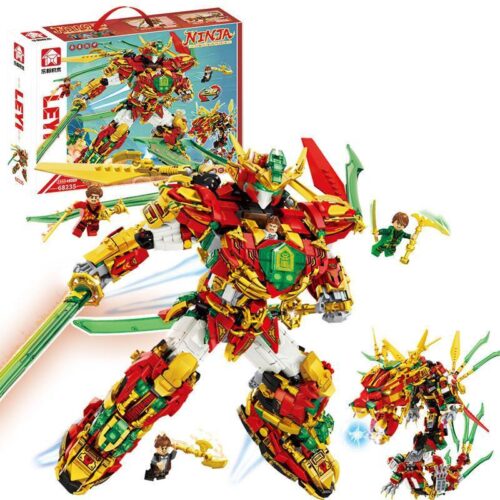 Tổng quan bộ lắp ghép Robot Rồng Lửa Ninja LeYi Bricks 68235 với 1868 chi tiết, mô hình robot, rồng và 4 minifigures, phù hợp cho bé trai 6 tuổi.