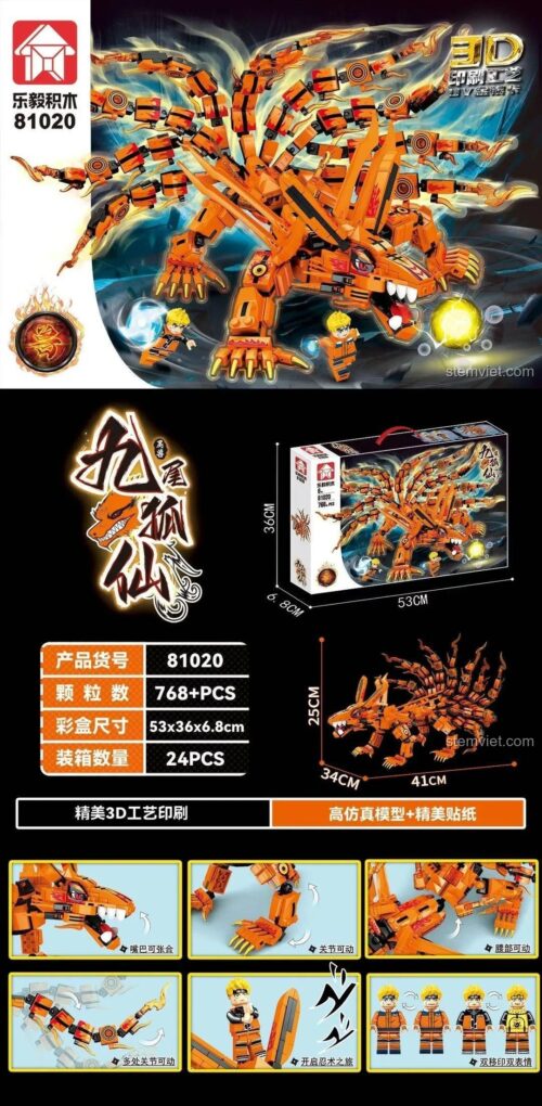 Mô hình Cửu Vĩ Hồ Tiên LeYi Bricks 81020 đã lắp ráp, thể hiện kích thước 41x34x25cm, đồ chơi lắp ráp 768 mảnh, có khớp nối linh hoạt, chi tiết in 3D sắc nét, phù hợp bé trai 6 tuổi.