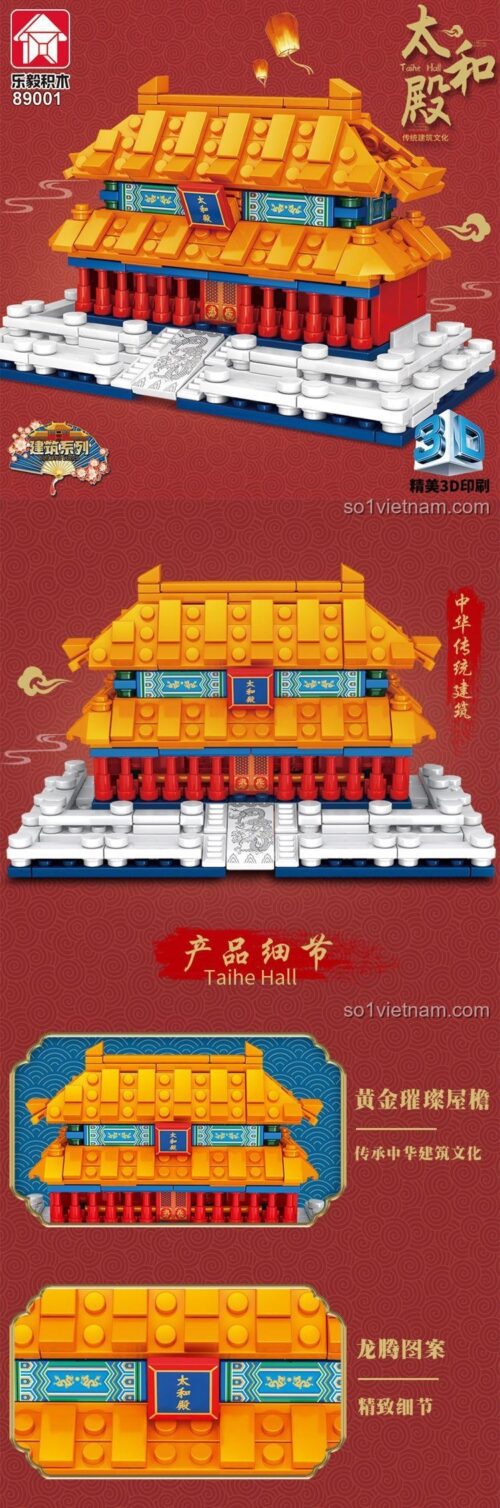 Đồ chơi mô hình Cung điện Tử Cấm Thành Leyi Bricks 89001, chi tiết rồng phượng tinh xảo, giúp bé 6 tuổi rèn luyện kiên nhẫn và khéo léo.