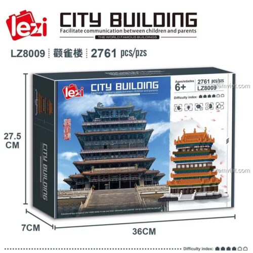 Hộp sản phẩm bộ lắp ghép Lezi LZ8009 Quan Ải Lâu 2761 chi tiết, đồ chơi xây dựng kiến trúc cổ Trung Hoa cho bé 6 tuổi trở lên