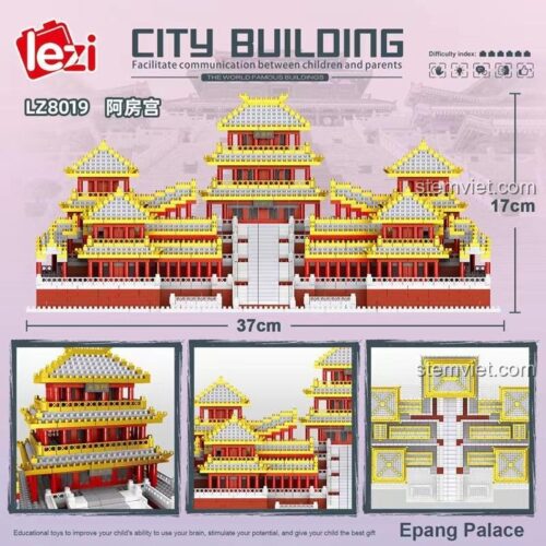 Thông số và kích thước của bộ lắp ghép Cung điện A Phòng Lezi LZ8019, thể hiện chiều dài 37cm và chiều cao 17cm, là đồ chơi giáo dục cho bé.