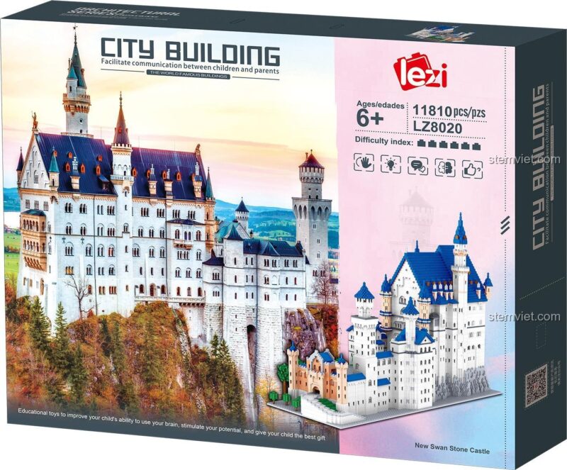 Hộp sản phẩm bộ xếp hình Lezi LZ8020 Lâu đài Neuschwanstein, quà tặng ý nghĩa cho người yêu kiến trúc.