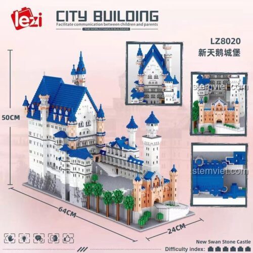 Kích thước chi tiết của đồ chơi mô hình Lezi LZ8020 Lâu đài Thiên Nga Mới, dài 64cm, cao 50cm, rộng 24cm.