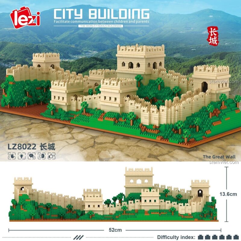 Mô hình Lezi LZ8022 Vạn Lý Trường Thành hiển thị kích thước 52x13.6cm, bộ lắp ráp kiến trúc chi tiết, giúp phát triển tư duy logic cho trẻ.