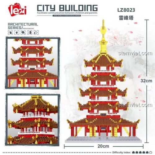 Ảnh thể hiện kích thước của đồ chơi mô hình Tháp Lôi Phong Lezi LZ8023, cao 32cm và rộng 20cm, một món quà ấn tượng cho bé trai.