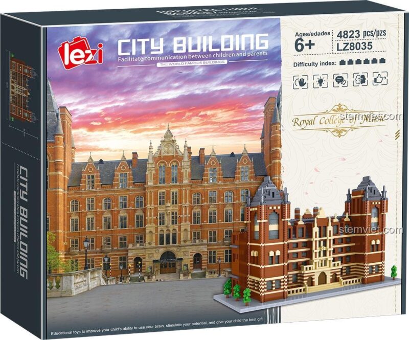 Hộp đựng bộ xếp hình Lezi LZ8035 Mô hình Royal College of Music, món quà giá tốt cho các bé yêu thích xây dựng.