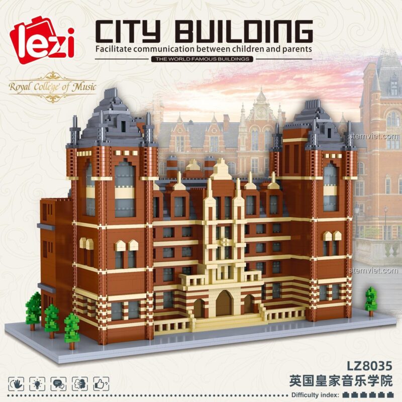 Thông tin trên hộp đồ chơi mô hình Kiến trúc Anh Quốc Lezi LZ8035, với 4823 chi tiết nanoblock, phù hợp cho cả con trai và con gái.