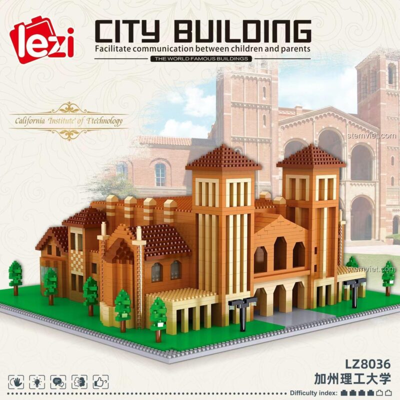 Mô hình render chi tiết của bộ lắp ghép Lezi LZ8036 Viện Công nghệ California, thể hiện kiến trúc tòa nhà với hai tòa tháp và các hàng cây xanh xung quanh.