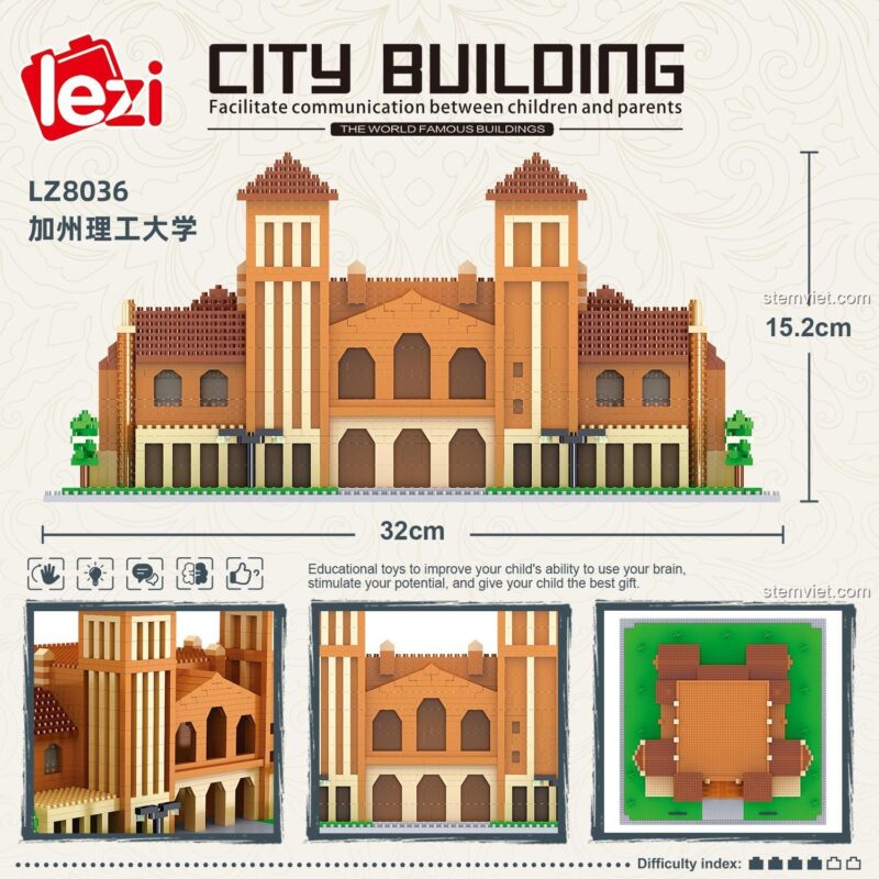 Hình ảnh thể hiện kích thước của mô hình Tòa nhà Caltech Lezi sau khi lắp ráp, với chiều dài 32cm và chiều cao 15.2cm.