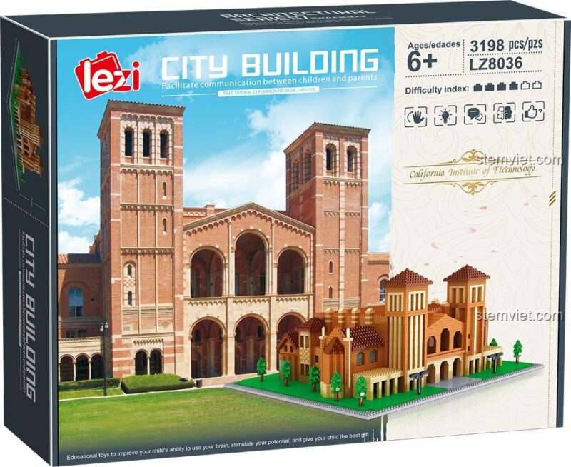 Vỏ hộp của bộ xếp hình Lezi LZ8036 Viện Công nghệ California, hiển thị thông tin số mảnh ghép là 3198 và độ tuổi khuyến nghị 6+.