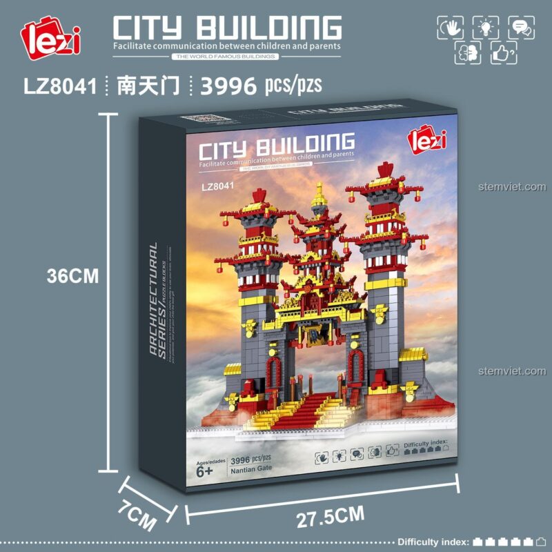 Hộp sản phẩm bộ xếp hình Lezi LZ8041 Nam Thiên Môn, món quà ý nghĩa cho bé trai 6 tuổi vào dịp sinh nhật.