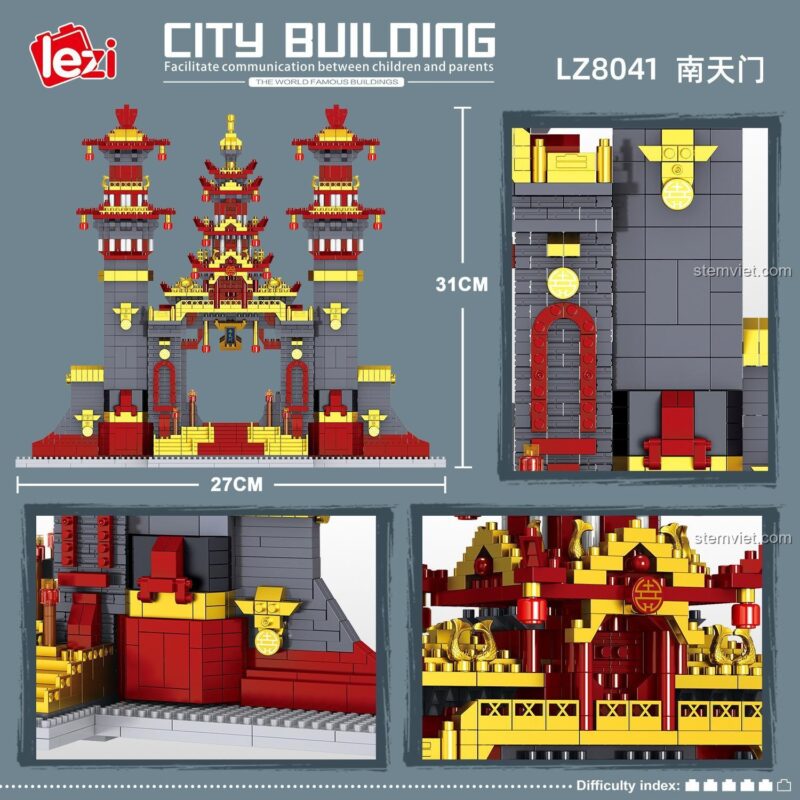 Ảnh thể hiện kích thước thực tế của mô hình Lezi 8041 Nam Thiên Môn sau khi lắp ráp, cao 31cm và dài 27cm.