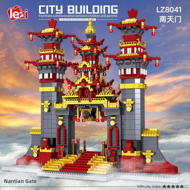 Hình ảnh quảng cáo bộ đồ chơi mô hình Lezi LZ8041 Nam Thiên Môn với hiệu ứng mây khói huyền ảo, làm nổi bật vẻ đẹp thần thoại.