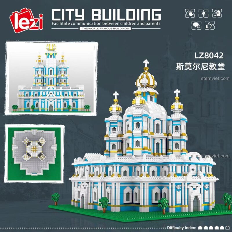 Hộp sản phẩm của bộ xếp hình Lezi LZ8042 Nhà thờ Smolny, thể hiện rõ mô hình hoàn chỉnh và số hiệu sản phẩm. Một lựa chọn giá tốt cho người hâm mộ kiến trúc.