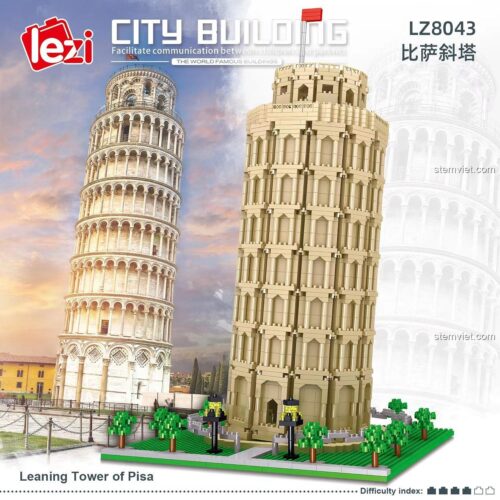 đồ chơi mô hình Tháp nghiêng Pisa Lezi, so sánh với ảnh thật, bộ xếp hình 2148 mảnh cho con trai và con gái.