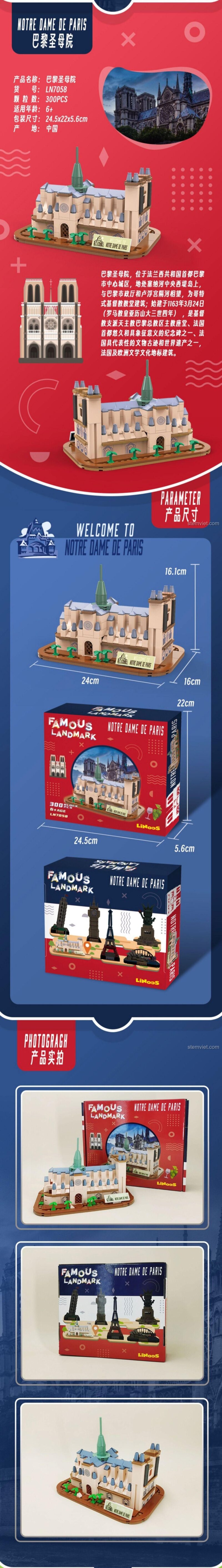Kích thước mô hình Nhà thờ Đức Bà Paris LiNooS LN7058, đồ chơi xây dựng kiến trúc cho trẻ 6 tuổi, giá tiết kiệm.