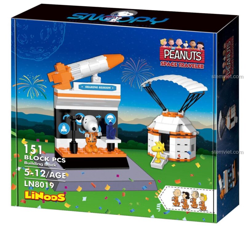 Hộp sản phẩm bộ lắp ghép LiNooS LN8019 Phi hành gia Snoopy, 151 mảnh, quà tặng cho bé trai.
