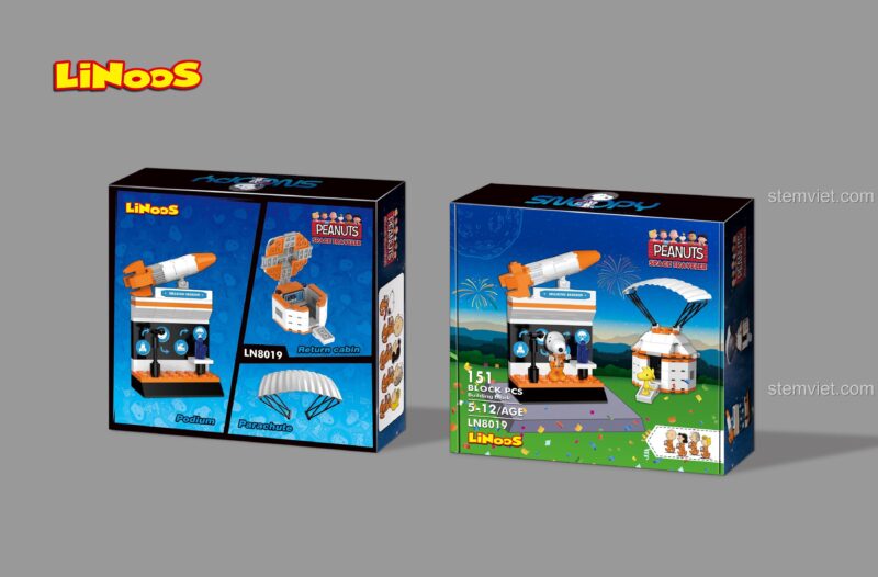 Thông tin chi tiết bộ đồ chơi LiNooS LN8019 Tàu vũ trụ của Snoopy, gồm khoang đổ bộ, bục và dù.