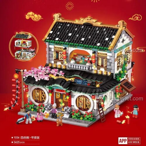 Hình ảnh bộ xếp hình 1034 Tứ Hợp Viện với các tầng có thể tháo rời để lộ nội thất bên trong. Sản phẩm có 3425 chi tiết, là món quà Tết ý nghĩa.