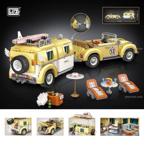 Chi tiết đồ chơi mô hình LOZ 1130 Xe hơi VW Beetle và rơ moóc, kích thước 40.5cm, chất lượng cao.
