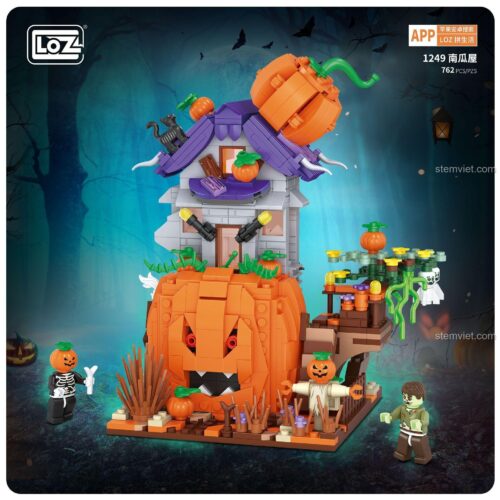 Poster bộ đồ chơi Nhà Bí Ngô Halloween LOZ 1249, gồm 762 mảnh ghép, quà tặng Halloween cho bé trai và bé gái.