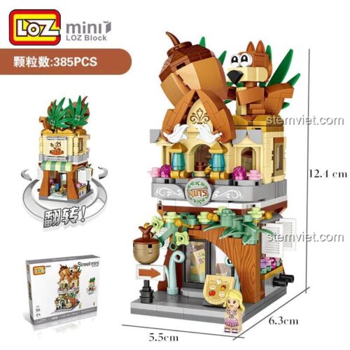 Hình ảnh thể hiện kích thước chi tiết của đồ chơi mô hình Tiệm Hạt Dinh Dưỡng Mini 1641, với 385 mảnh ghép và tính năng xoay độc đáo.