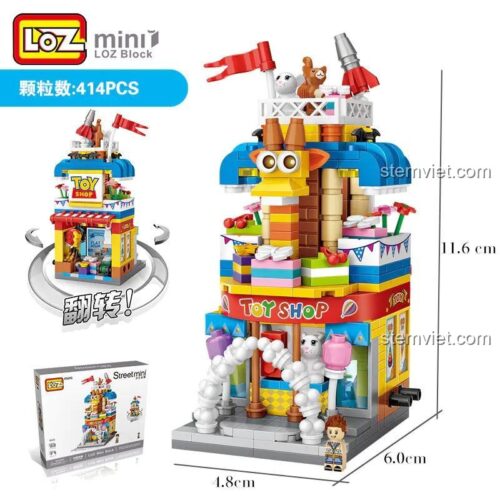 Kích thước chi tiết của đồ chơi mô hình Tiệm Đồ Chơi Lắp Ráp LOZ 1643, gồm 414 mảnh ghép mini block.
