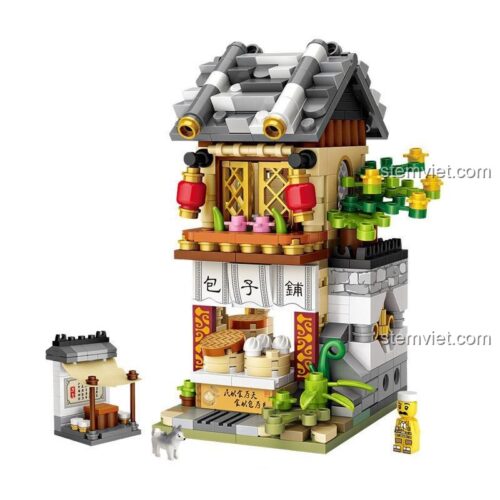Bộ sưu tập đồ chơi mô hình LOZ 1722 Phố Cổ Trung Hoa, bao gồm tiệm bánh bao, tiệm cầm đồ, tửu lầu và tiệm rèn. Món quà sáng tạo cho bé gái 6 tuổi.