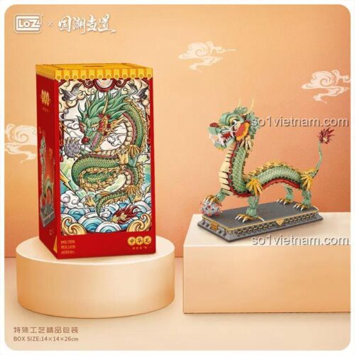 Hộp sản phẩm Rồng Thần Châu Long LOZ 1928 và mô hình Rồng Thần, bộ lắp ghép Rồng Trung Hoa 1416 mảnh, cho bé trai 6 tuổi