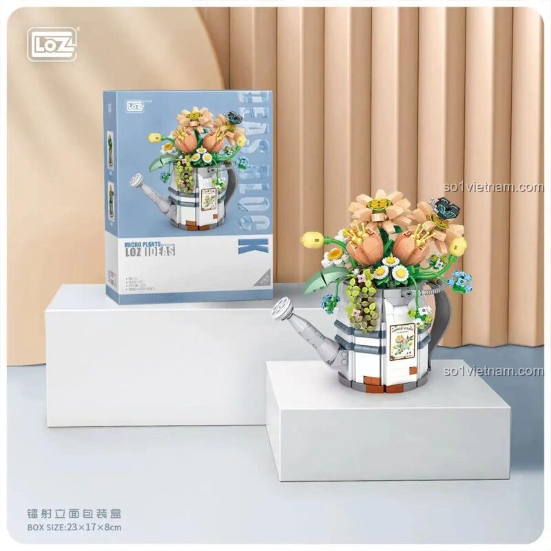 Hộp bộ xếp hình 1936 Bình tưới hoa LOZ, kích thước hộp 23x17x8cm, mô hình hoa trang trí độc đáo, cho bé gái 8 tuổi phát triển tư duy.
