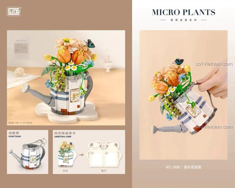 Mô hình Bình tưới hoa LOZ1936 với kích thước 16x11.5x15cm, thể hiện chi tiết tinh xảo, có thể làm thiệp chúc mừng, phù hợp bé gái 8 tuổi.