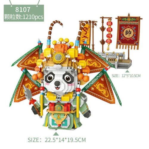 bộ lắp ghép Panda Võ Sinh Kinh Kịch LOZ 8107 hiển thị kích thước mô hình và hộp, phù hợp cho bé trai 6 tuổi, giá tốt.