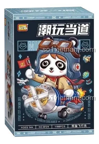 Hộp bộ xếp hình 8121 Gấu Trúc Phi Công LOZ, đồ chơi lắp ráp cho bé trai và bé gái 8 tuổi, giá rẻ.