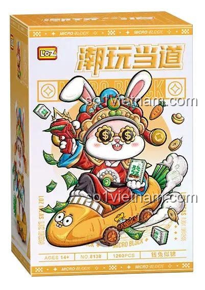 Hộp sản phẩm Thần Tài Thỏ May Mắn LOZ 8138 với hình ảnh Thỏ Thần Tài trên xe kéo tài lộc, có chữ LOZ và các biểu tượng may mắn