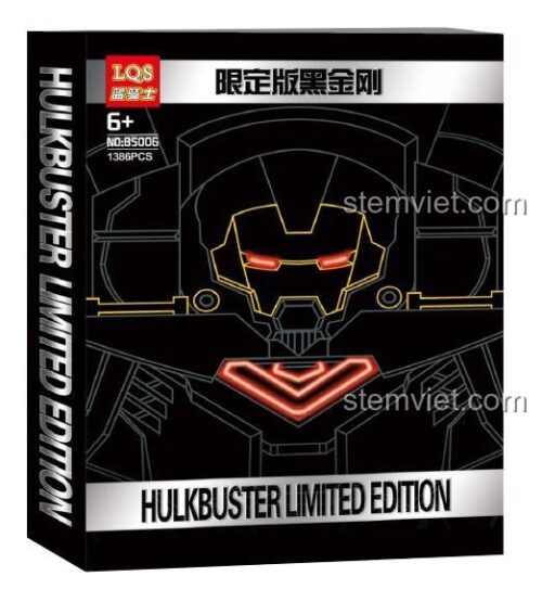 Ảnh quảng cáo bộ lắp ghép Robot Hulkbuster LQS 85006 phiên bản giới hạn Black Gold, kèm hộp và 2 minifigures Black Panther và Iron Man. Món đồ chơi mô hình ấn tượng cho con trai.