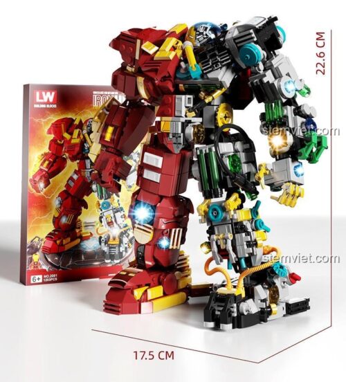 Kích thước thực tế của bộ lắp ráp LW 2081 Mecha Hulkbuster, cao 22.6cm, rộng 17.5cm, phù hợp trưng bày.