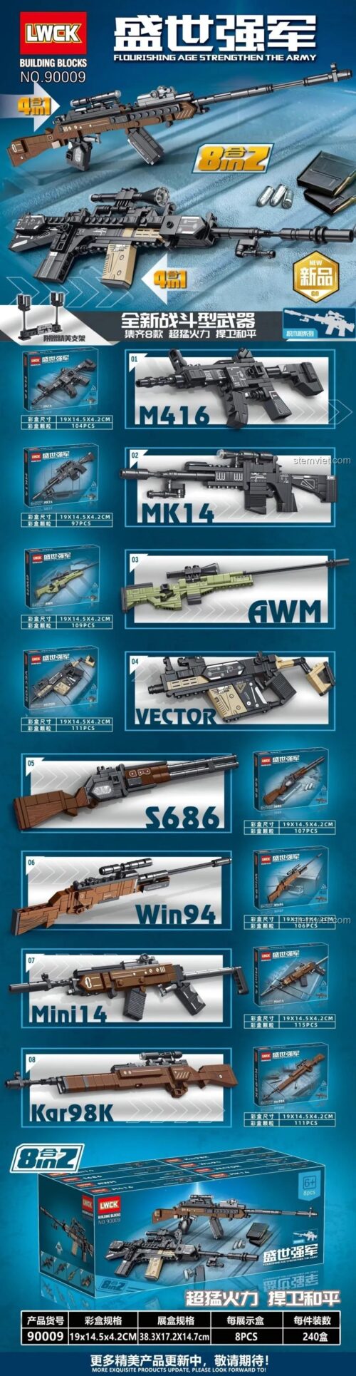 Tổng hợp các mẫu súng lắp ráp LWCK 90009-8 và các mẫu khác trong series Strong Army, chi tiết cao, đồ chơi súng quân sự cho bé trai.