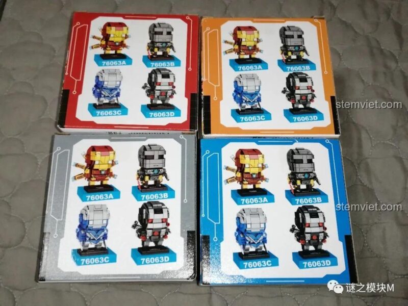 Mặt sau hộp bộ lắp ghép Người Sắt Q-Version LY 76063 hiển thị các mô hình khác trong bộ sưu tập, đồ chơi mô hình cho bé trai 6 tuổi.