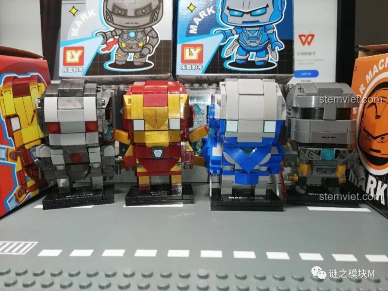 Mô hình Iron Man Mark LXXXV nhìn từ phía bên, từ Iron Man Q-Version đồ chơi lắp ghép, đồ chơi lắp ghép cho bé trai 6 tuổi.