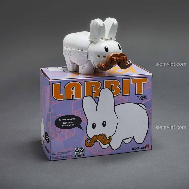 đồ chơi mô hình Labbit của Frank Kozik và hộp sản phẩm chính hãng Mattel, thiết kế nghệ thuật.