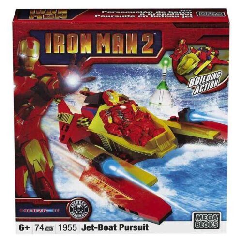 Mega Bloks 1955 Jet-Boat Pursuit - Bộ đồ chơi Iron Man 2, 74 mảnh, dành cho bé trai 6 tuổi, màu đỏ vàng, có tính năng bắn đạn nhựa, mô hình tàu phản lực, giá tốt