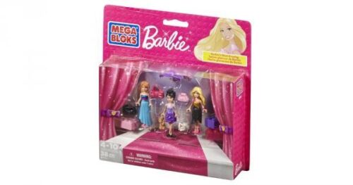 Hộp đồ chơi lắp ghép Mega Bloks 80110 Buổi Tối Lộng Lẫy của Barbie, gồm 3 búp bê và sàn diễn thời trang, phù hợp cho bé gái 4 tuổi.