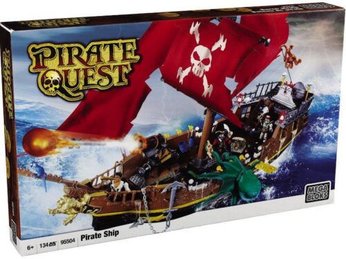 Bộ lắp ghép Mega Bloks 95504 Tàu cướp biển với cánh buồm đỏ rực, pháo bắn đạn, và các minifigure cướp biển, phù hợp cho bé trai 6 tuổi, giá tốt.