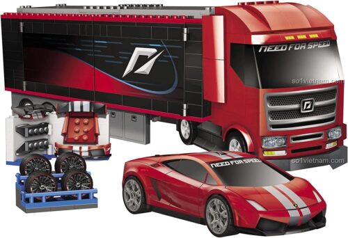 Mega Bloks 95760: Bộ đồ chơi xe tải vận chuyển siêu xe Lamborghini Gallardo LP 560-4, 562 chi tiết, màu đỏ đen trắng, cho bé trai 8 tuổi, có thể tùy chỉnh, lắp ráp, đồ chơi mô hình, quà tặng