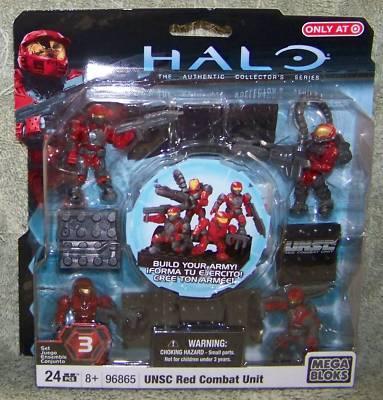 Bộ đồ chơi Mega Bloks 96865 Đơn vị Chiến đấu UNSC Đỏ Halo, mô tả hộp sản phẩm với các minifigure lính đỏ và phụ kiện, phù hợp cho bé trai 8 tuổi trở lên, giá tốt.