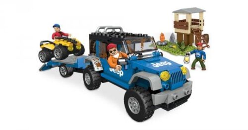 Bộ lắp ghép Xe Jeep Thám Hiểm Rừng Xanh Mega Bloks 97834 cho bé trai 7 tuổi, giá rẻ. Mô hình xe Jeep xanh kéo rơ moóc chở xe ATV vàng.