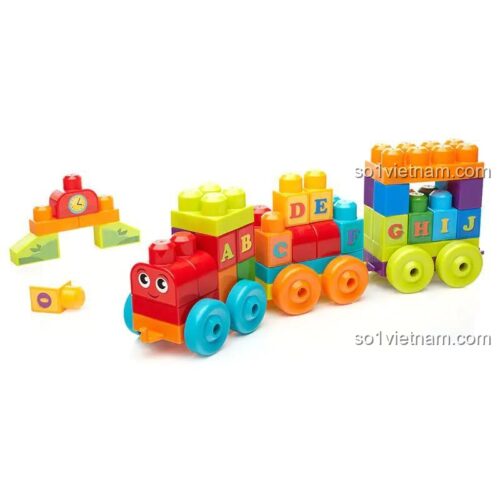 Bộ đồ chơi Mega Bloks DXH35 Đại Tàu Chở Chữ Cái được lắp ráp hoàn chỉnh, bao gồm các toa tàu và các khối chữ cái A-J
