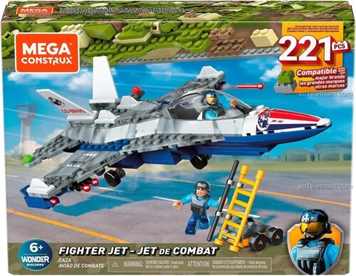 Hộp bộ đồ chơi lắp ráp máy bay chiến đấu F-15 Mega Bloks GNY53, đồ chơi mô hình máy bay quân sự cho bé trai 6 tuổi, có tên lửa bắn được, cửa khoang lái mở, thang nâng hạ, giá tốt